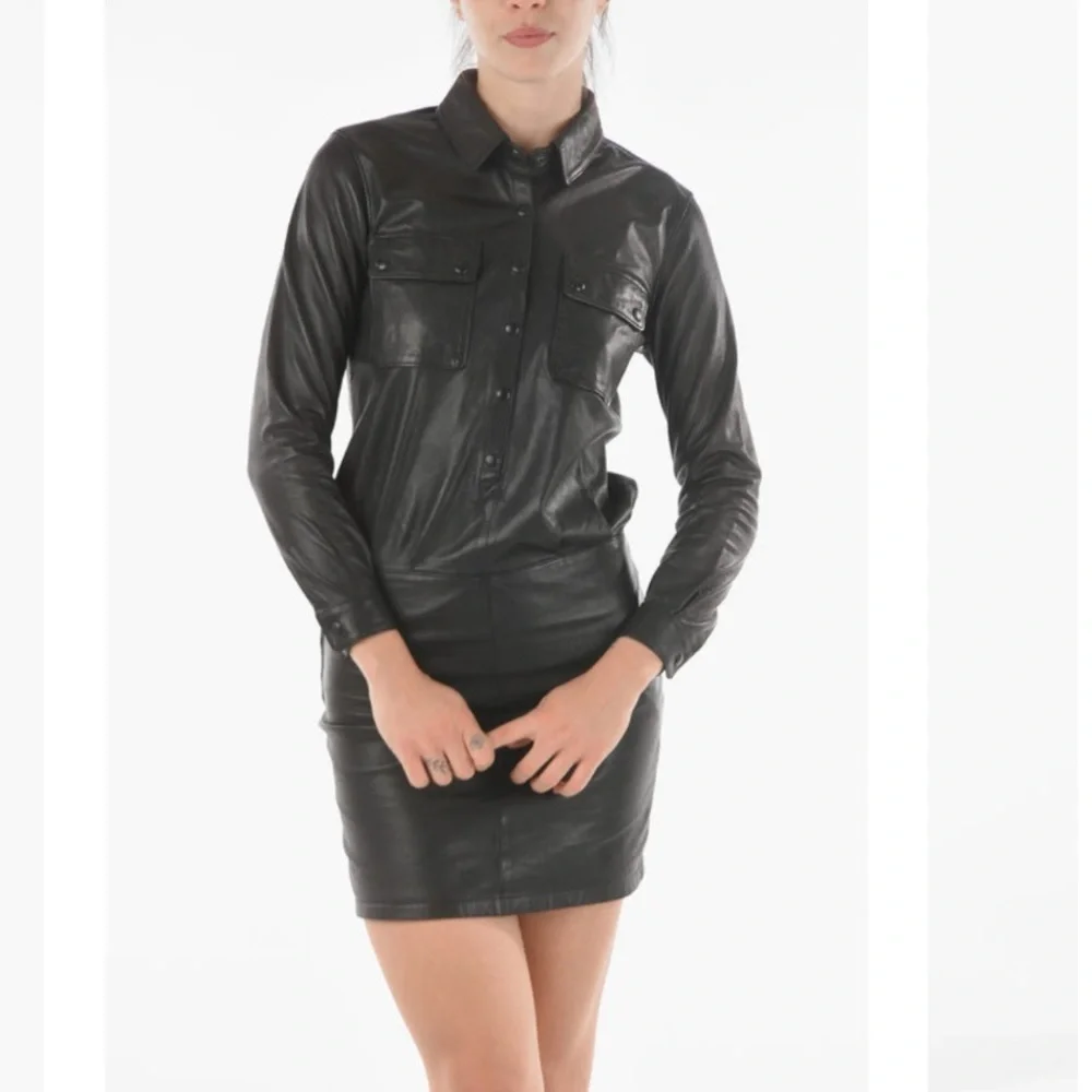 NWT! All Saints Black “Kadi” Leather Long Sleeve Mini Dress Size 4 - Picture 3 of 15